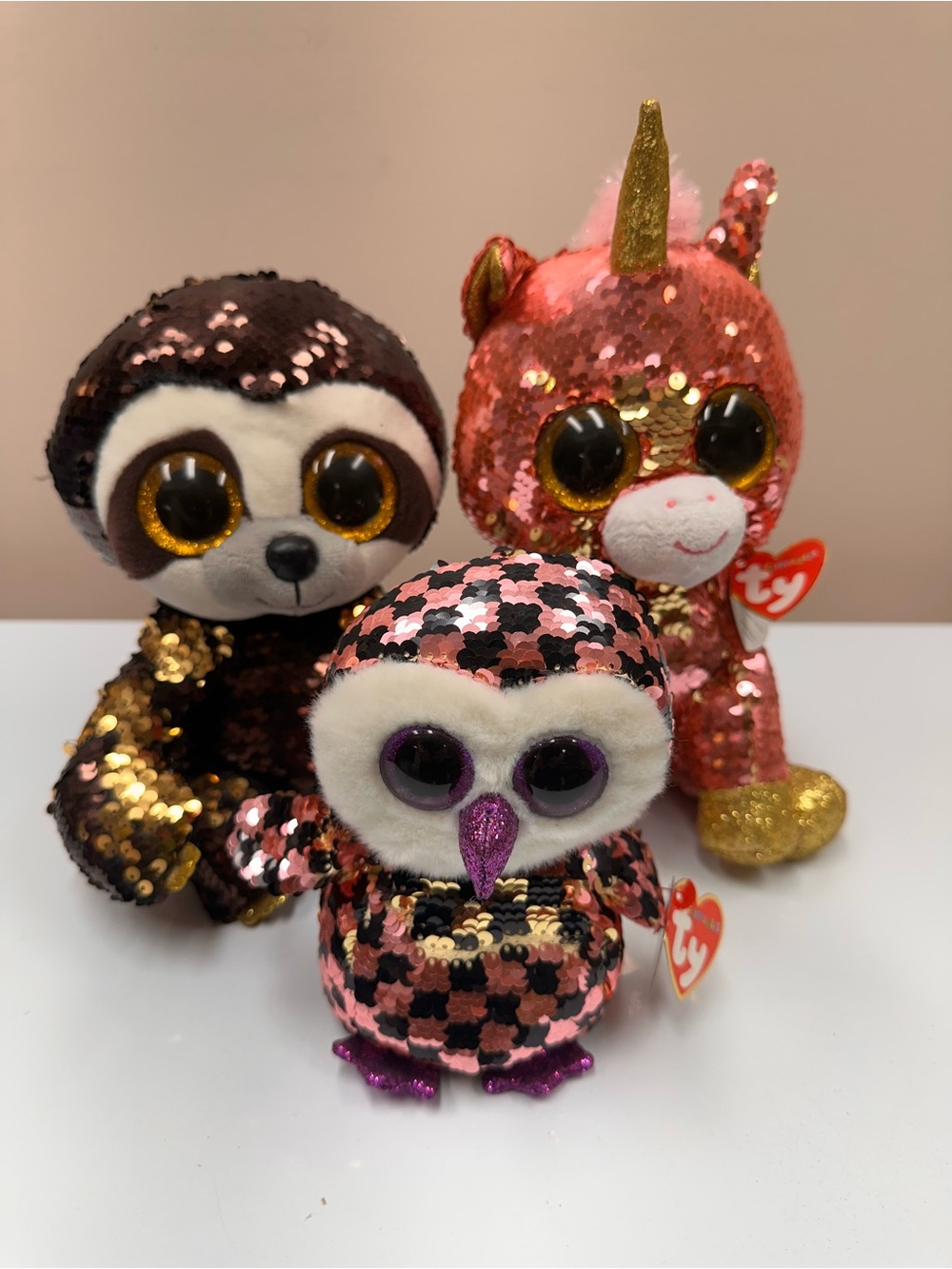 Ty Sequin Plush Set - Pink & Gold Owl, Sloth & Unicorn